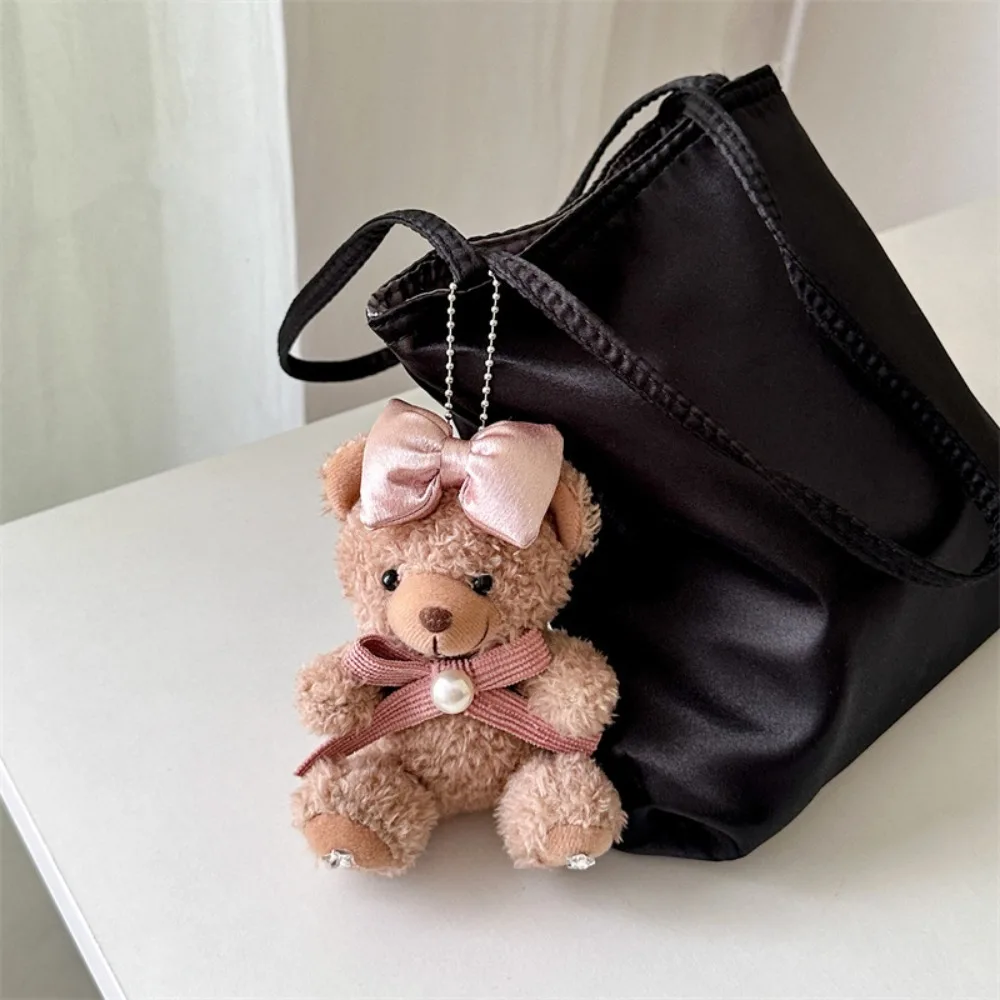 Brown Plush Bear Keychain Handmade Plush Doll Bear Phone Back Clip Sweet Bow Soft Fluff Stuffed Animal Key Rings Bag Pendant