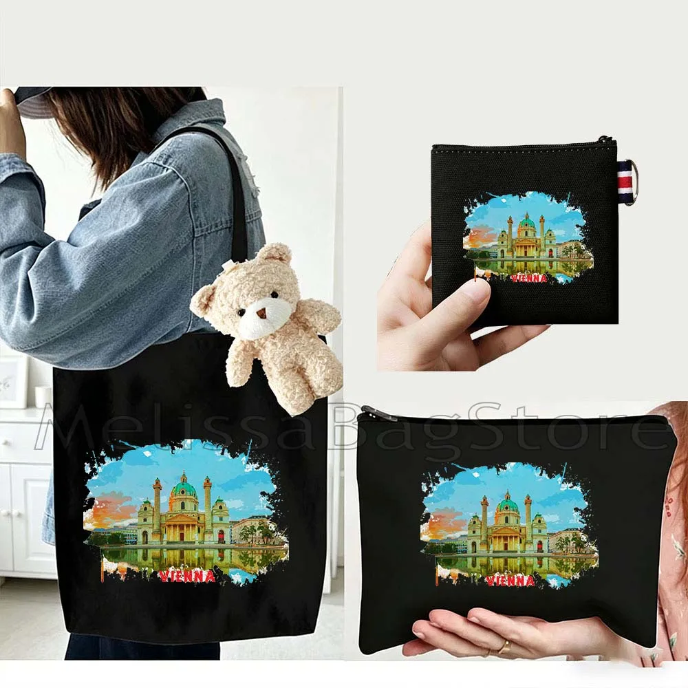 

4PCS Gifts Set Vienna Austria Black Canvas Tote Bag Handbag with Doll Key Coin Purse Cosmetic Makeup Toilet Bag Case Pouch