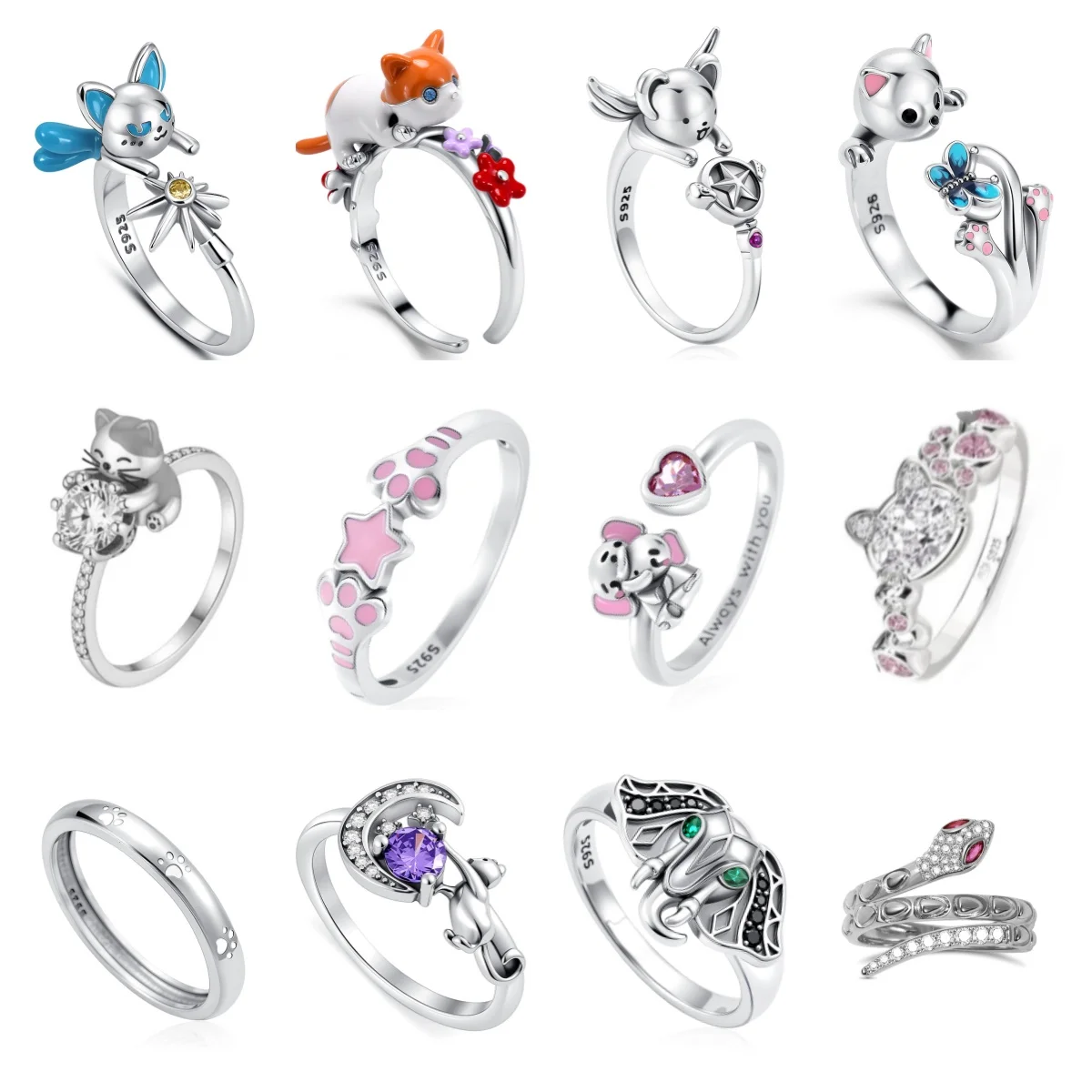 

2026 Charm Cute Animal Adjustment Ring 925 Silver Cat Dog Elephant Snake Ring Fashion Exquisite Jewelry Birthday Jewelry Gift