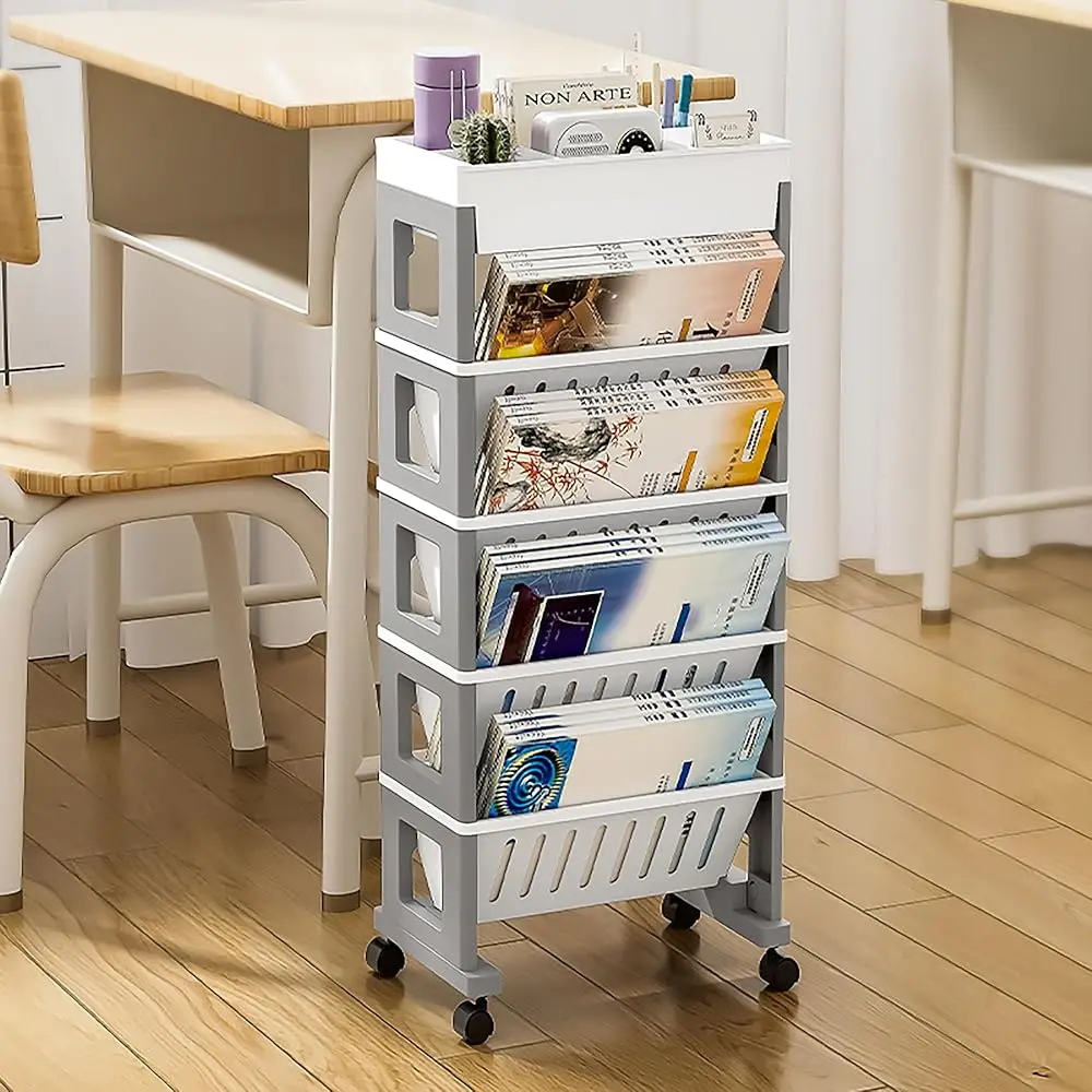 

5 Tier Book Ra Storage Bookshelf, Mobile Bookshelf With Wheels, Removable Movable Unique Bookcase, Rolling Book Cart,