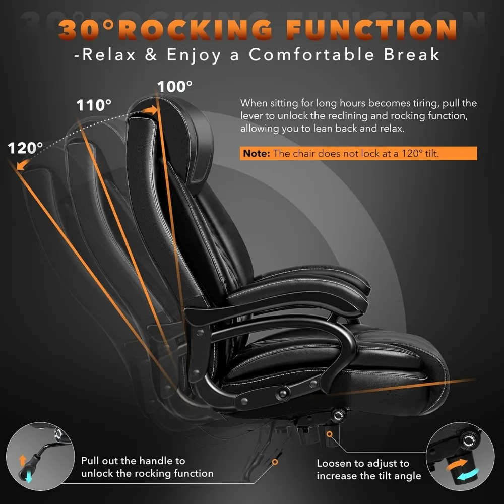 كرسي مكتب كبير وطويل للأشخاص الثقيلين بوزن 500 رطل، كرسي مكتب تنفيذي من الجلد مع دعم قطني مريح قابل للتعديل وثي #4