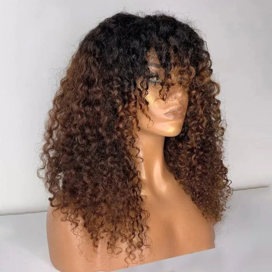 

Soft 26 Inch Long 180Density Natural Ombre Brown Kinky Curly Machine With Bangs Wig For Black Women Baby Hair Preplucked Daily