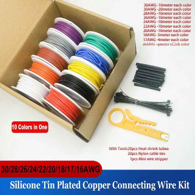 16 17 18 20 22 24 26 28 30 Gauge Silicone Insulated Wire, 10 Colours, Multi-Strand Tinned Copper Connecting Wire Kit with Tools
