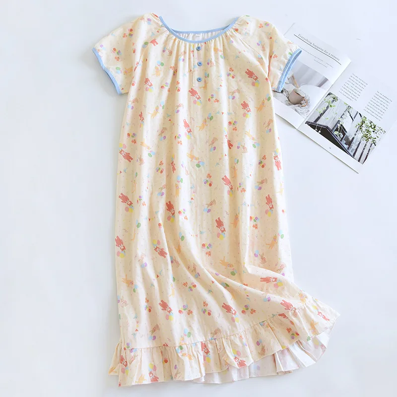 

2024 Summer New Women's Pajama Skirt 100% Pure Cotton Double Layer Gauze Short Sleeve Pajama Skirt Thin Cute Pullover Home Dress