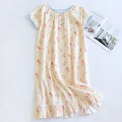 2024 Summer New Women's Pajama Skirt 100% Pure Cotton Double Layer Gauze Short Sleeve Pajama Skirt Thin Cute Pullover Home Dress