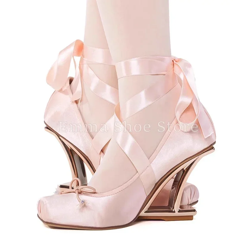 

Sweet Satin Ballet Women's Pumps Elegant Thin Straps Square Toe Bow Dress Shoes Special-Shaped Heels Shallow Mary Jane Shoes