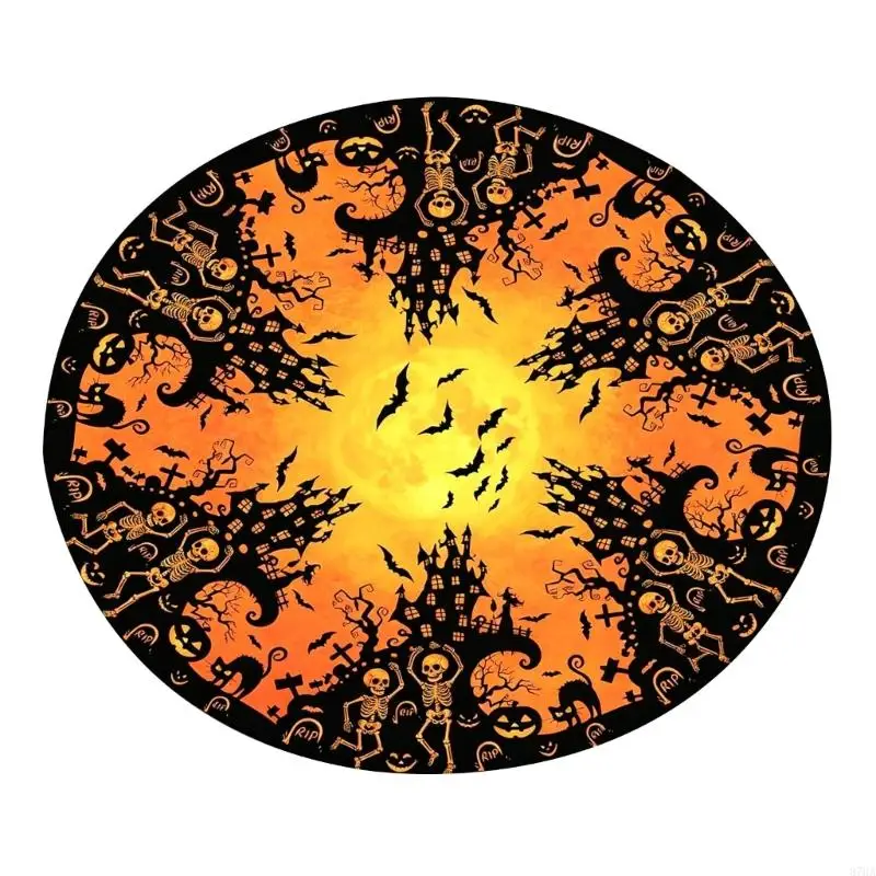 Halloween Round Oil Resistant Tablecloth Elastic Fit Design Polyester Fabric For Indoor Outdoor Dining Parties 87HA