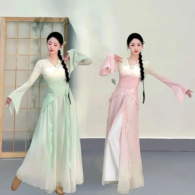 古典舞踊新スタイルボディリームグラデーション練習エレガント中国舞踊パフォーマンス衣装セット古代風ダンス衣装
