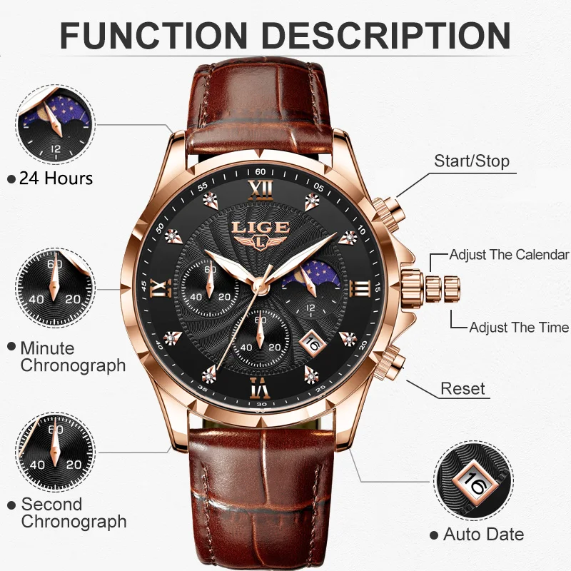 New Mens Watches LIGE Top Brand Luxury Leather Casual Quartz Watch Men\'s Sport Waterproof Clock Watch Relogios Masculino+Box