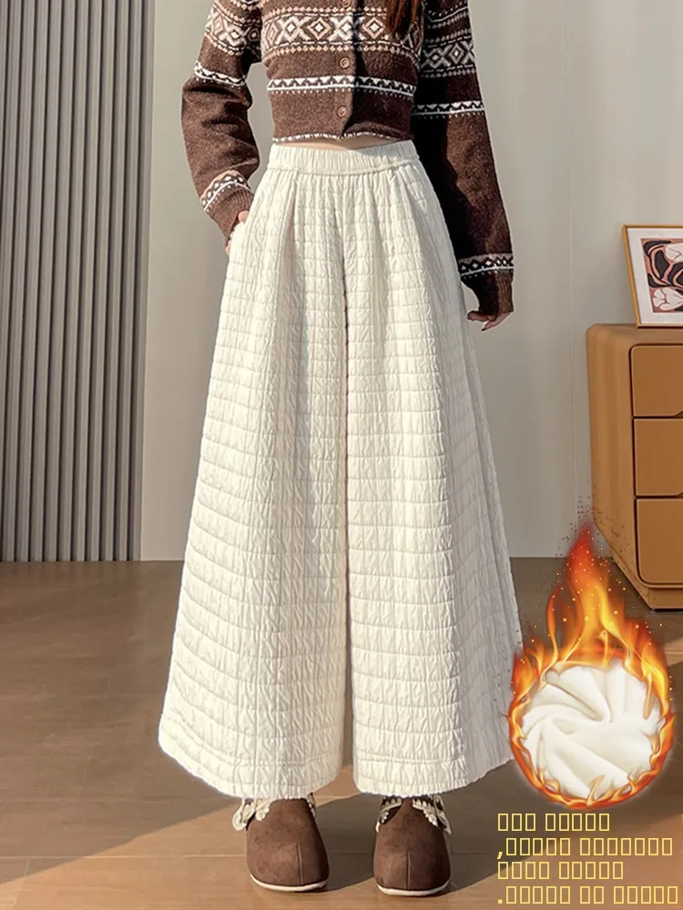 

Ретро-брюки с высокой талией и ромбовидным узором, широкие, женские, зимние, новые, с хлопковой подкладкой, теплые, утягивающие, бежевые, повседневные