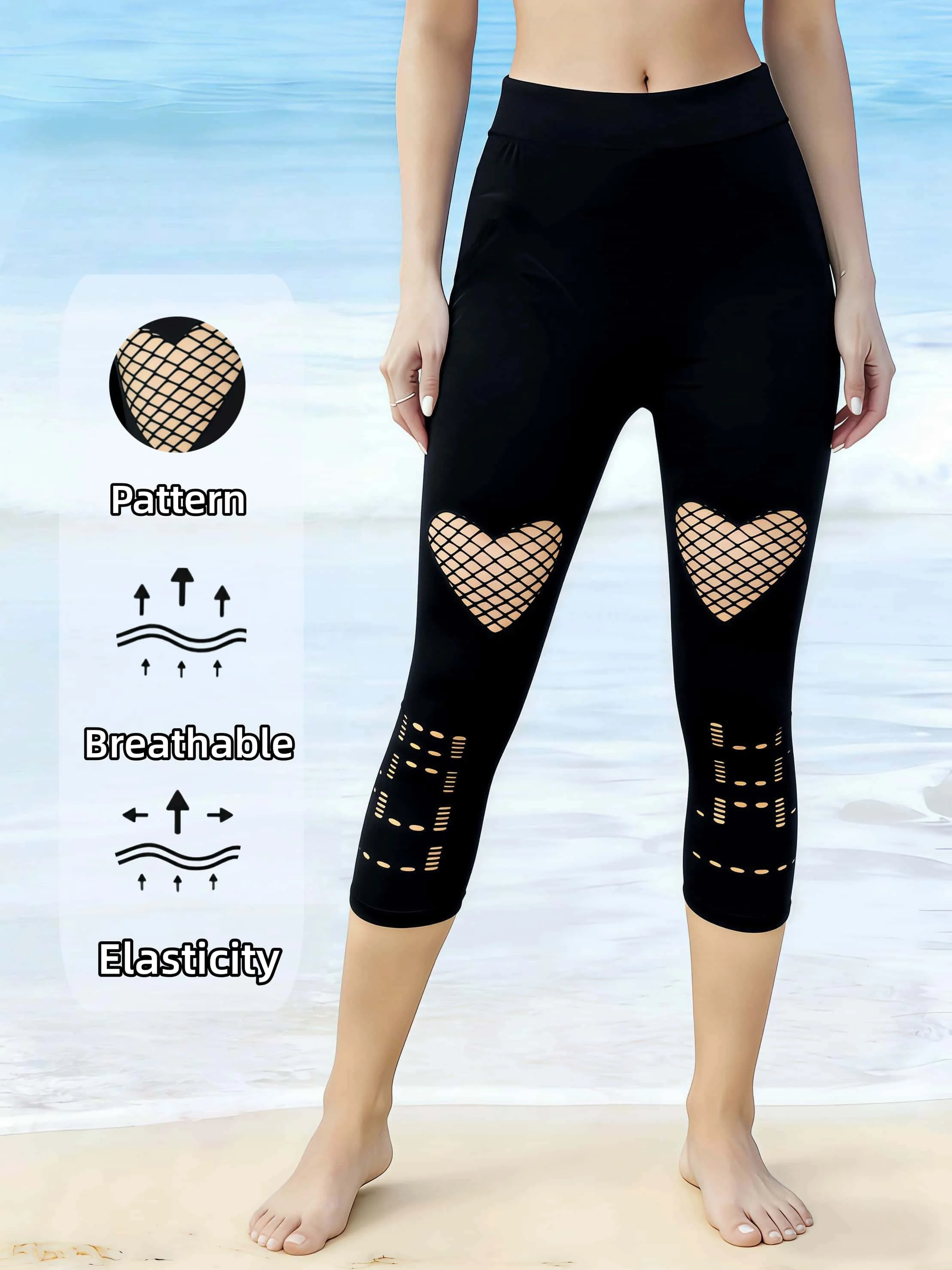 Women's Trendy Heart Cutout Mesh Capri Leggings Stretchy Breathable Fashion Pants for Gym Streetwear Daily Shopping Commute