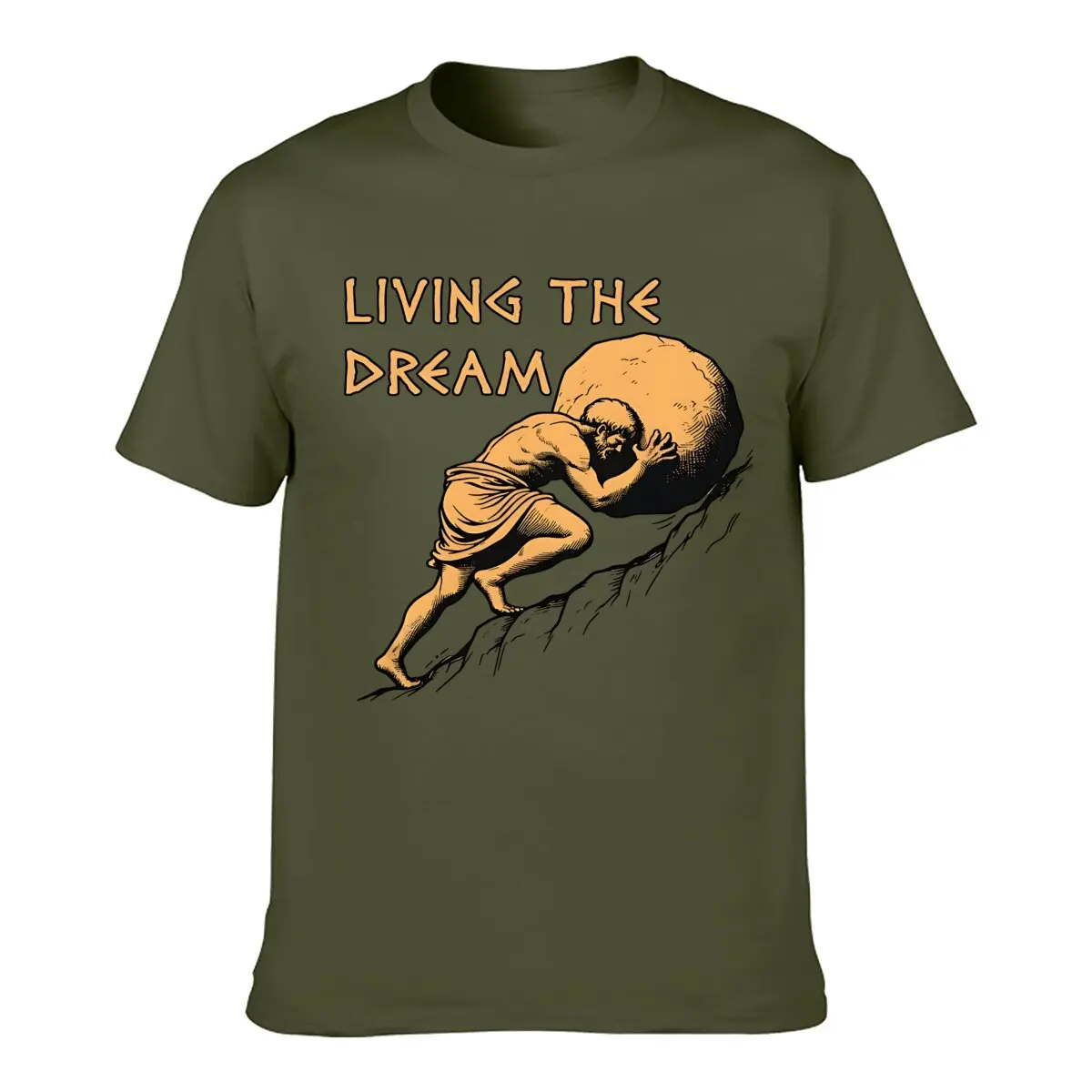 Living The Dream Sisyphus Greek Mythology Meme T-Shirt Casual Round Neck Short Sleeve Men\'s Tees Regular Fit Tops Men\'s clothing