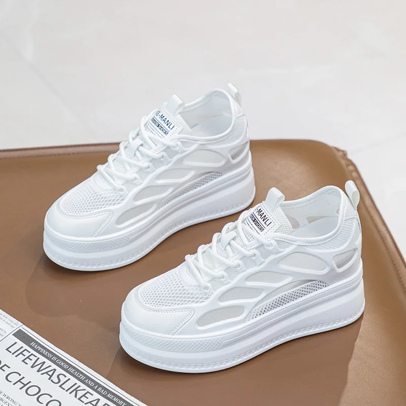 9Cm Air Mesh Ademende Echt Lederen Air Mesh Casual Platform Sneakers Dikke Hak Vrouwen Zomer Schoenen Sapatos Femininos