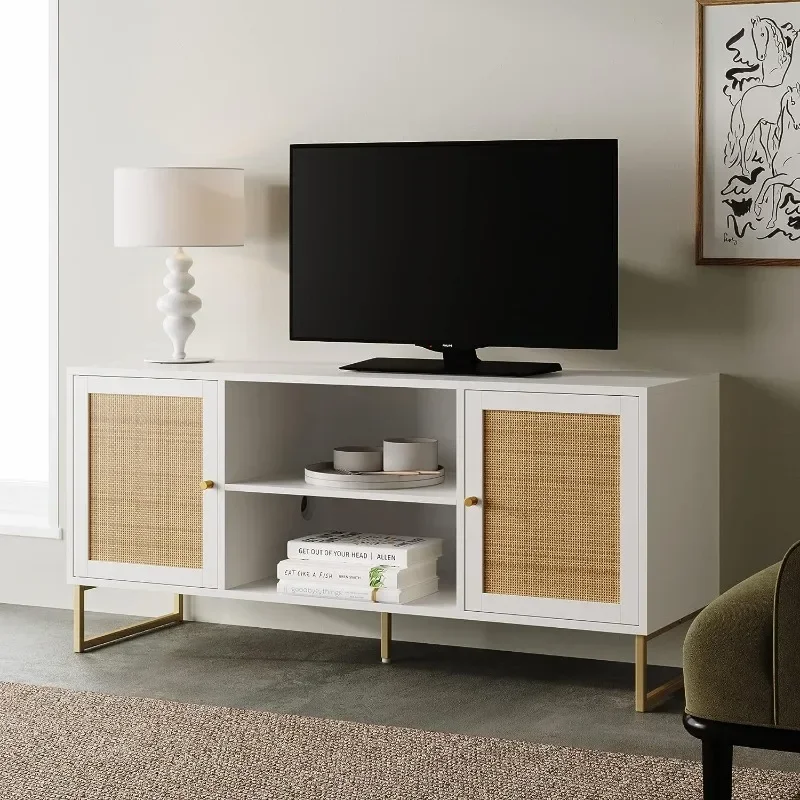 

Nathan James Mina Modern TV Stand, Entertainment Cabinet, Console with a Natural Rattan Storage Doors, Finish Brass Accents