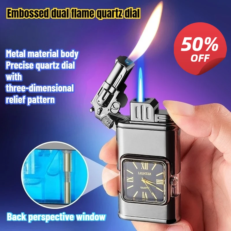 New Fashionable Multi Functional Double Fire Inflatable Lighter Convenient with Dial Breathable Chamber Cigarette Accessories