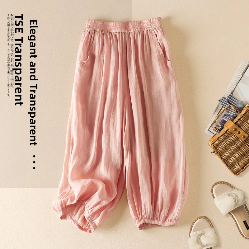 

Японские тонкие двухслойные брюки-фонарики из конопли, женские летние свободные брюки Lazy Sle, универсальные брюки-огурец длиной до семи футов