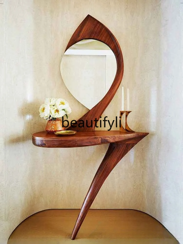 Curve-shaped dresser, wall-mounted feng shui entrance, lightning-shaped solid wood entrance mirror