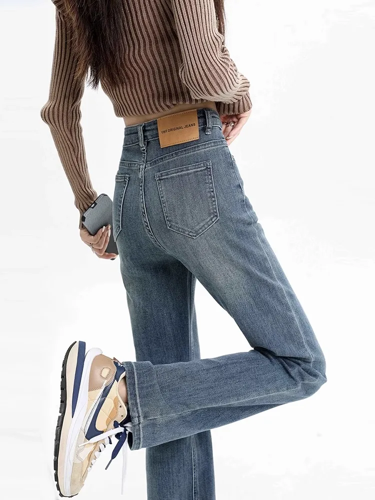 Retro Slim Straight Women's Jeans High Waist Elastic Cotton Denim Casual Style Spring Summer Versatile Small Size Friendly