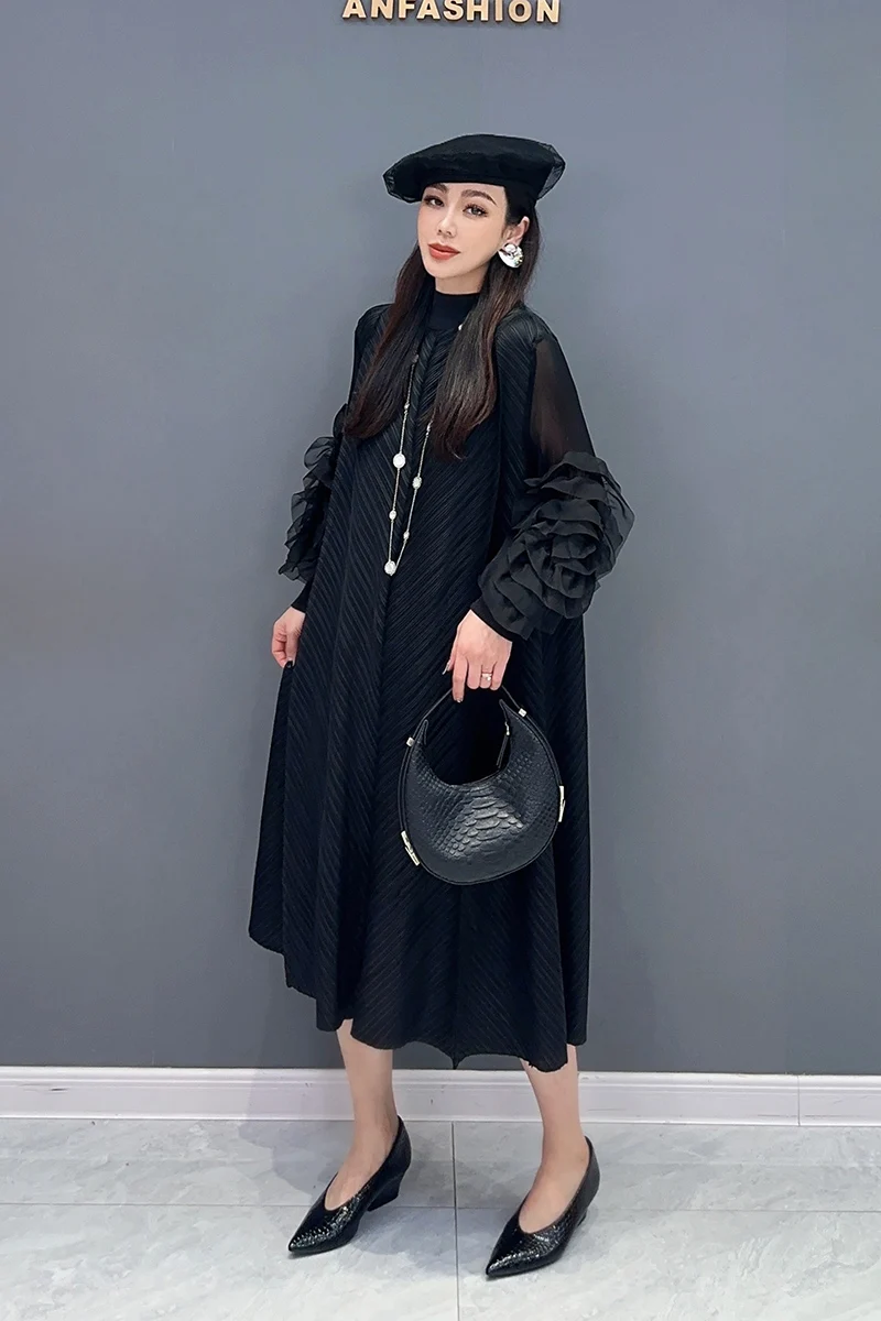 Vefadisa 2024 Summer New Black Pleated Dress Long Sleeved Round Neck Patchwork Sleeved Mid Length Women Dress HLX113