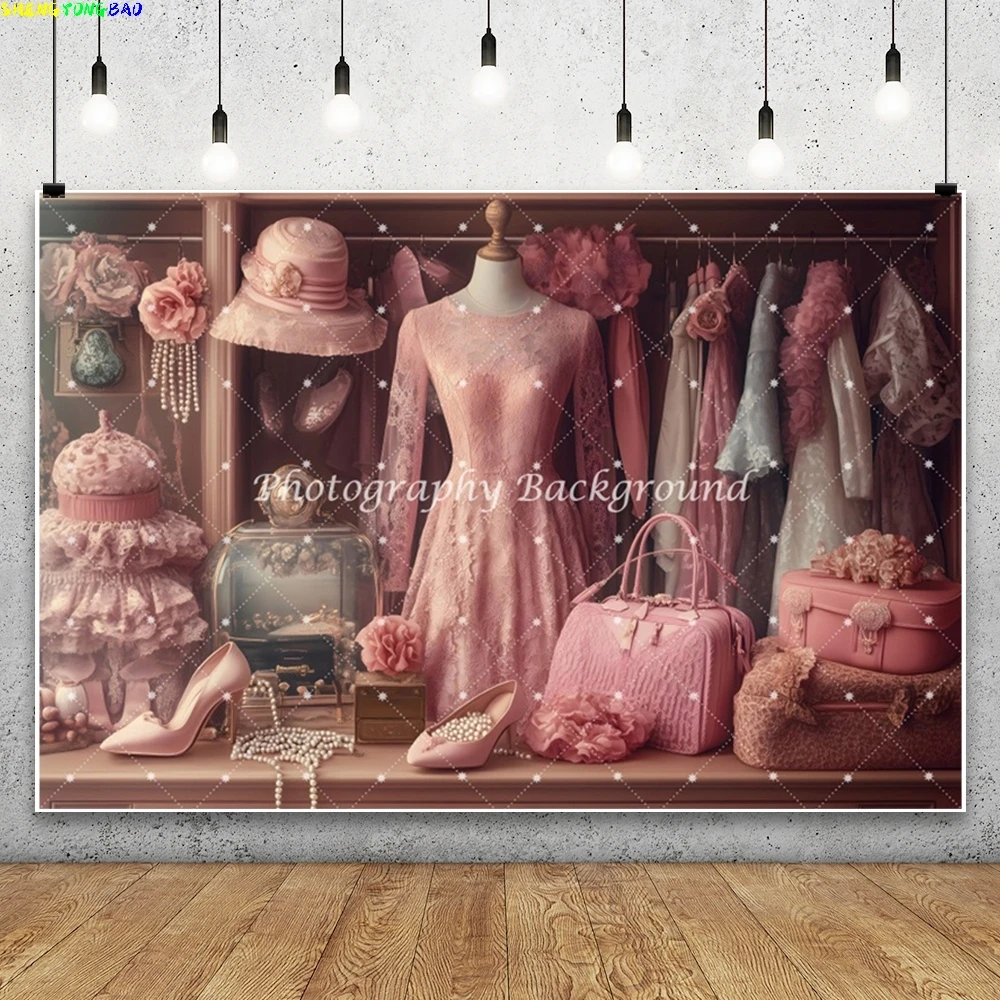 Pink Wardrobe Photography Backdrop Ladies' Cloakroom Dress Bridal Shower Wedding Birthday Ceremony Party Decor Photo Background