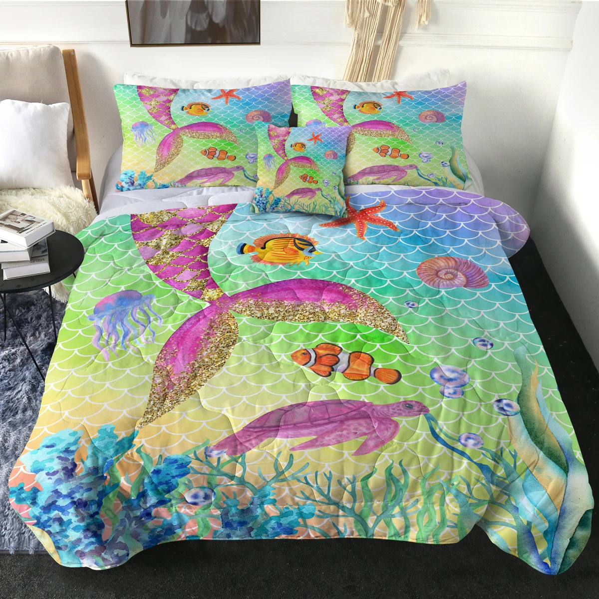 

Marine Life in Ocean Design Quilt Set Pink Fishtail with Golden Sparkle Printed Comforter Set Modern Bedspread Home Decor