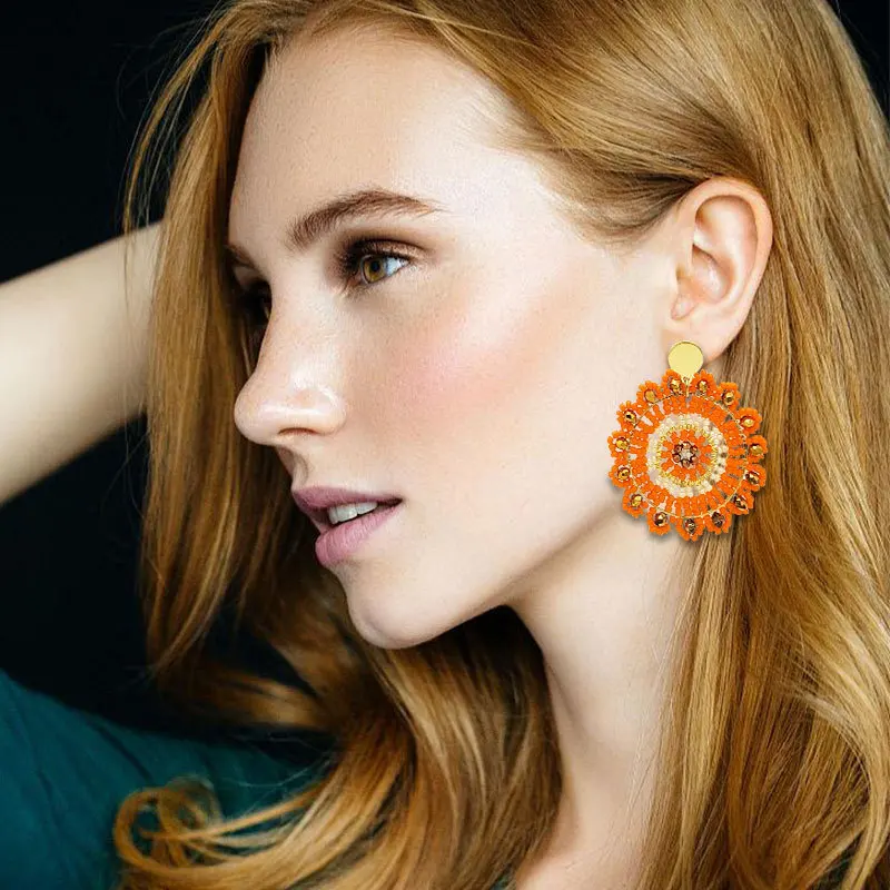 Beaded earrings Roundness Orange Sunflower Individuality Bohemia Hollow out Fashion Hand knitting Simple  Rice bead earrings