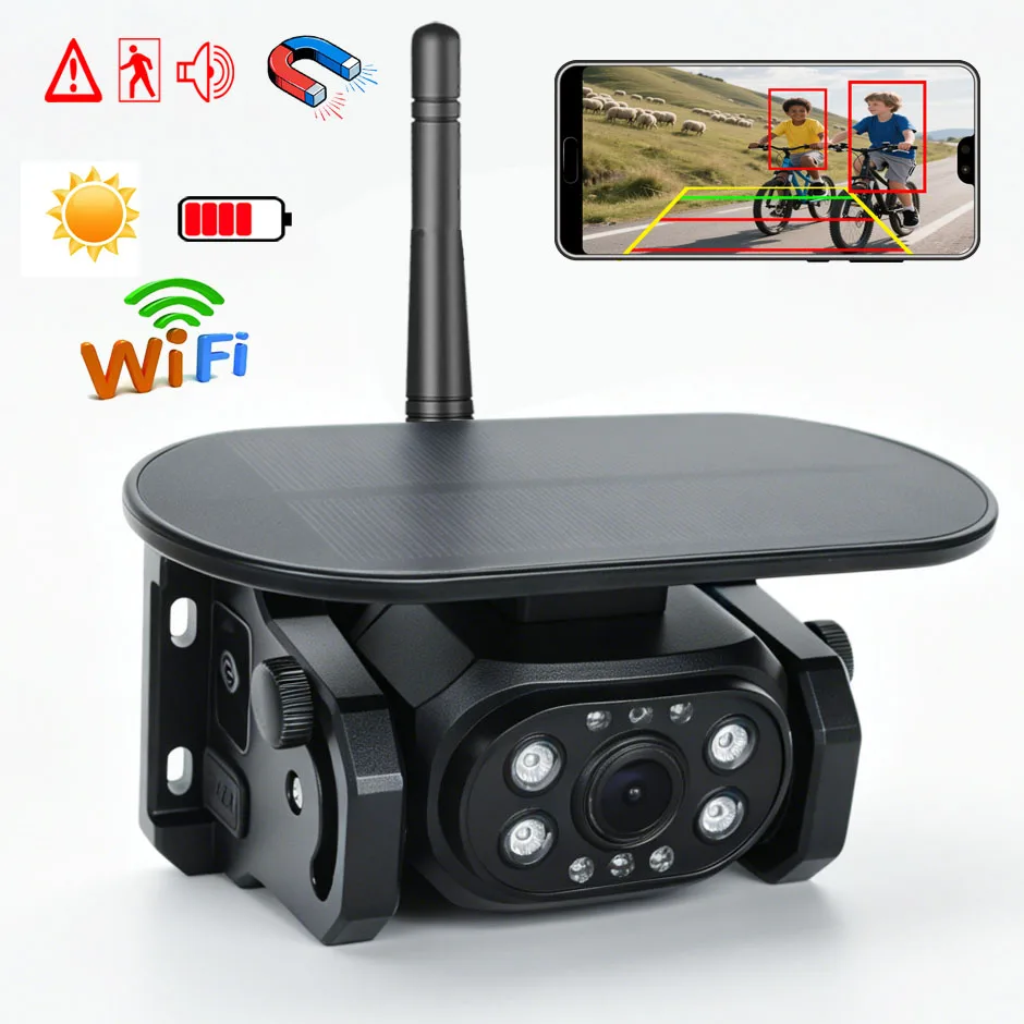 AHD1080P WiFi Solar Backup Camera Magnetic Base Wireless AI Blind Spot Alarm Hitch APP View for Van Truck RV Front Rear View DVR