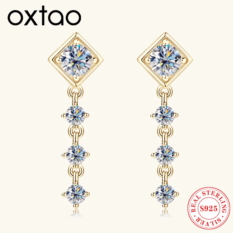 

OXTAO D VVS1 Moissanite Square Drop Earrings Real 925 Silver Tassel Chain Earrings Engagement Wedding Jewelry Gift Certified