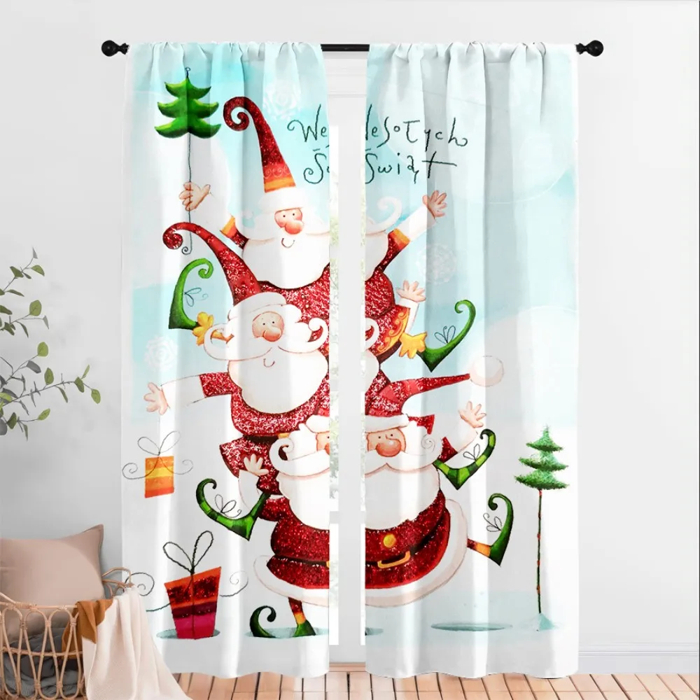 2PCS Digital Print Curtains, Santa Claus Gift Box Christmas Pattern, Classic Festive Style for Xmas Holiday Home Decor