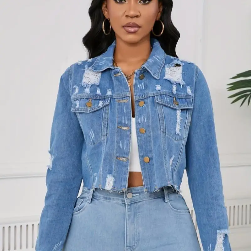 

Women's Casual Long Sve Denim Jaet Pure Color Cuff 2025 New Cross-Border Sle ort Length Collar Trendy Youthwear