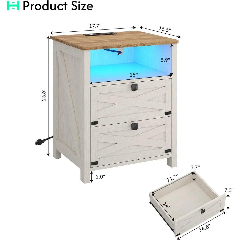 مجموعة منضدة مزرعة بيضاء ريفية عتيقة لغرفة النوم، وطاولات بجانب السرير مزدوجة مع محطة شحن وأضواء LED