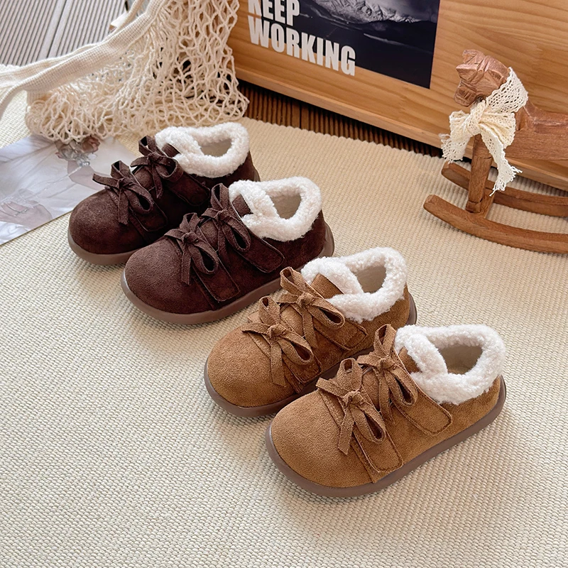 Toddler Girls' Winter Fuzzy Casual Shoes 2025 New Winter Kids Walking Shoes with Double Bow Soft Sole Retro School Outdoor Play
