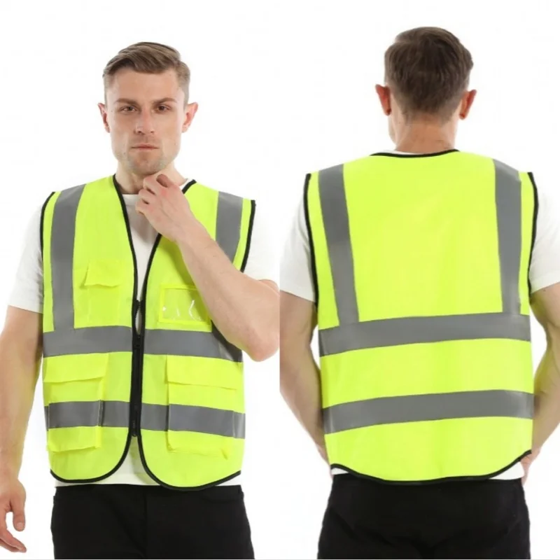 High Visibility Night Safety Reflective Strip Waistcoat Outdoor Work Traffic Cycling Fluorescent Green Jacket Zipper Pocket Vest