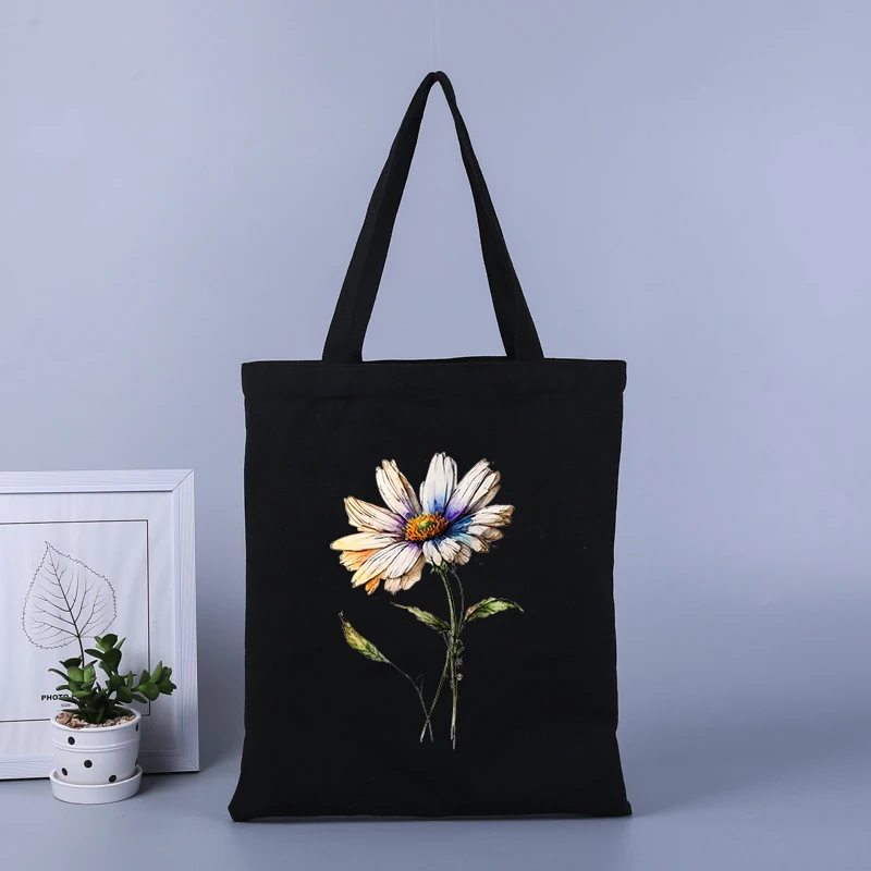 Daisies printed canvas shopping bag large capacity handbag tote bag student school bag