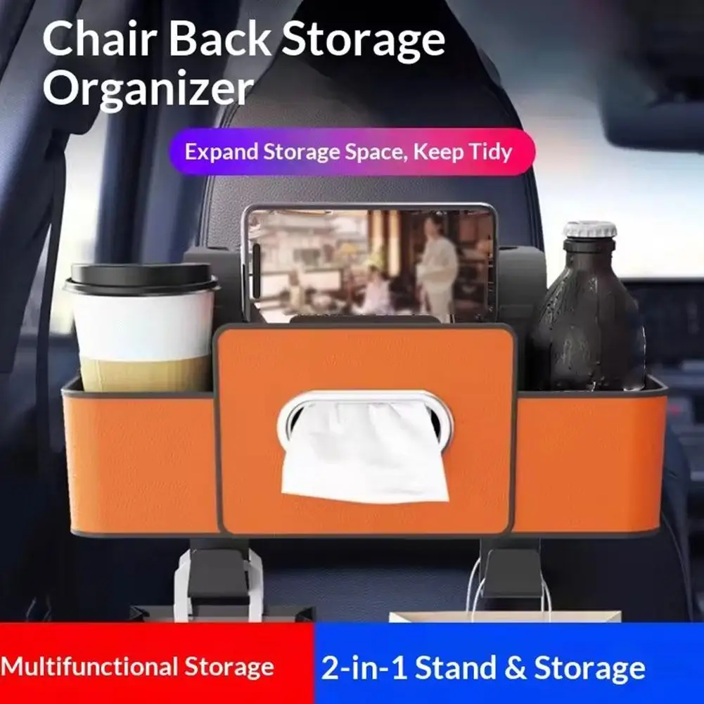 Immagine 4: Organizer Multifunzionale per Sedile Auto Arancione in ABS e Pelle con Portabicchieri e Dispenser per Fazzoletti Universale per Tutti i Veicoli
