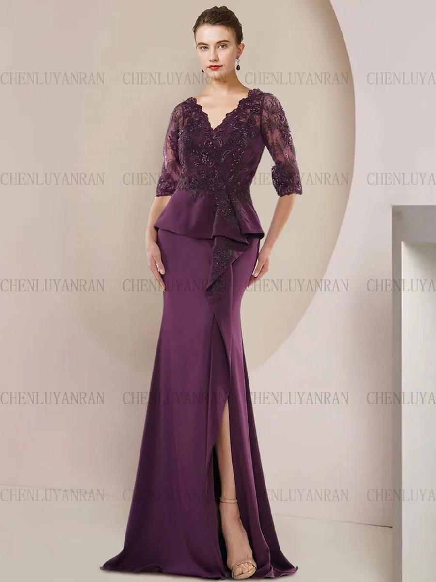 

Purple Mermaid Mother of the Bride Dresses Applique Sexy Wedding Guest Gowns Half Sleeves Elegant Dress Women For Wedding Party