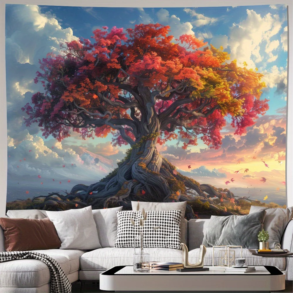 Majestic Tree Mural Curtain Polyester Drapes for Living Room Decor Boho Nature Art Artwork Window Shade Scenic Sunset Landscape