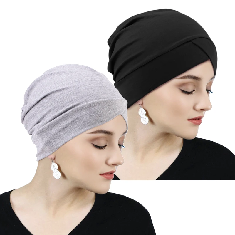 2 TEILE/LOS Kreuz Muslimischen Turban Einfarbig Baumwolle Chemo Hijabs Caps Frauen Hijab Motorhaube Haarausfall Kopftuch Bandanas Turbante – Detail 8