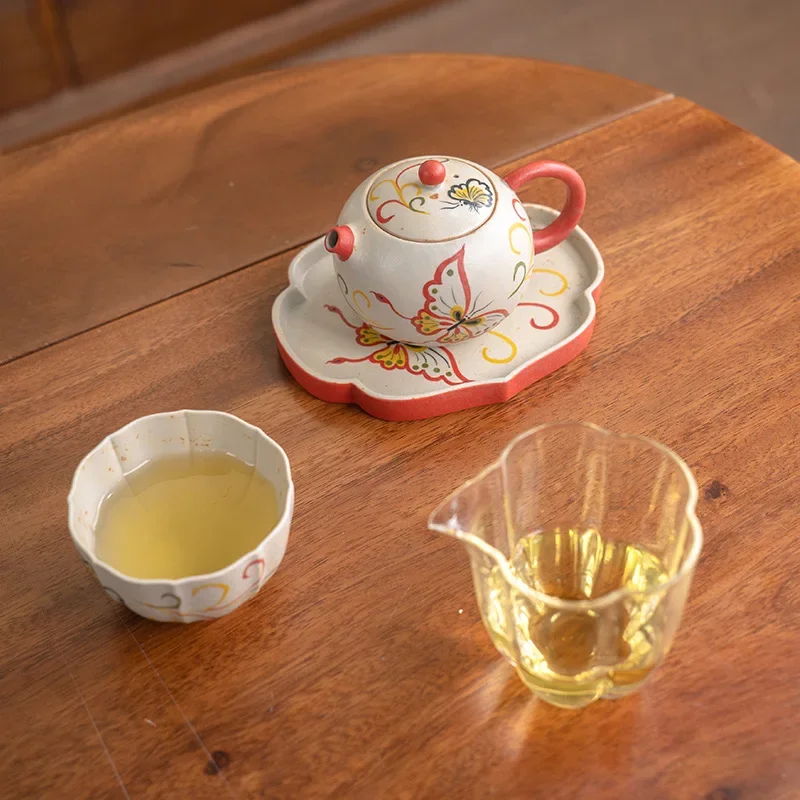 Hand-painted Butterfly Tea Set Household Ceramic Kung Fu Ceremony Underglaze Color Xi Shi Pot Caramel Dunhuang Cultural Creative