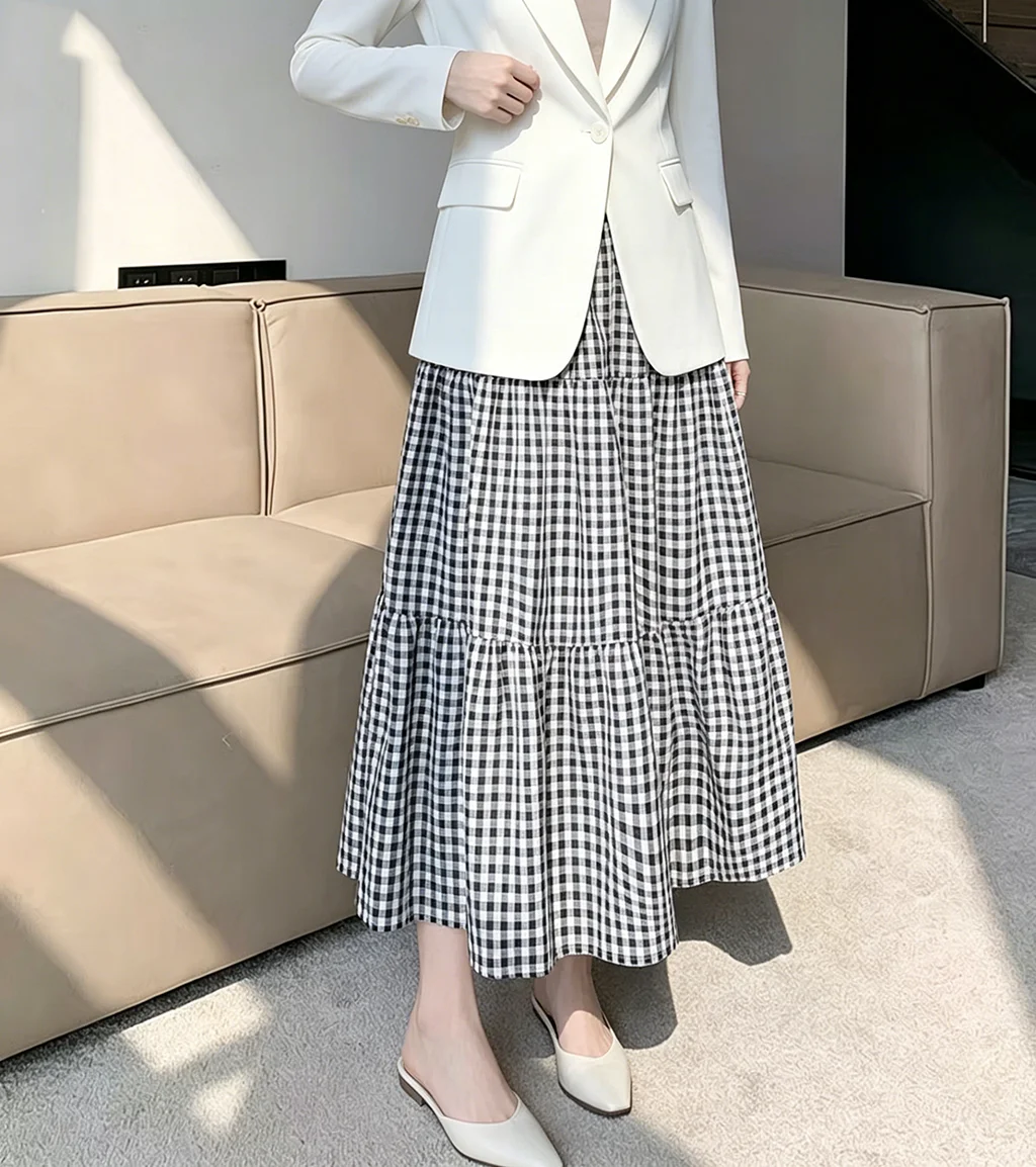 2026 New Arrival Women Gingham Plaid Maxi Skirt High Waist A-Line Ruffle Hem Casual Long Skirt for Summer