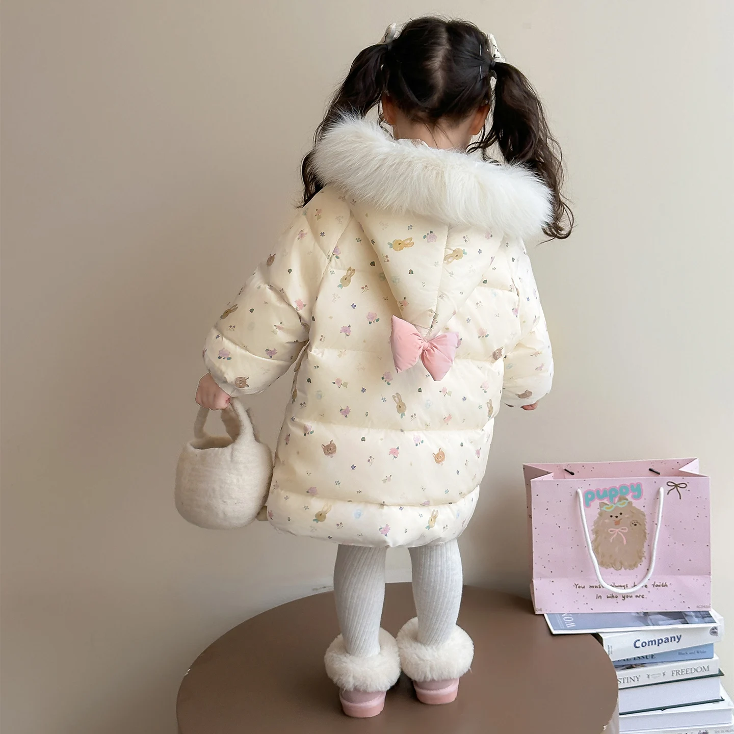 Winter Girls Down Jacket Parka 2-10 Years Children Clothing Fashion Kids Thicken Cute Bowtie Hooded Long Outerwear For Baby