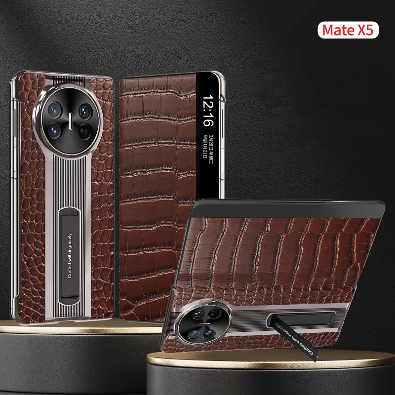 Genuine Cowhide Leather Flip Case for Huawei Mate X5 X3 Crocodile Lizard Pattern Smart Window View Kickstand Holder Fold Cover