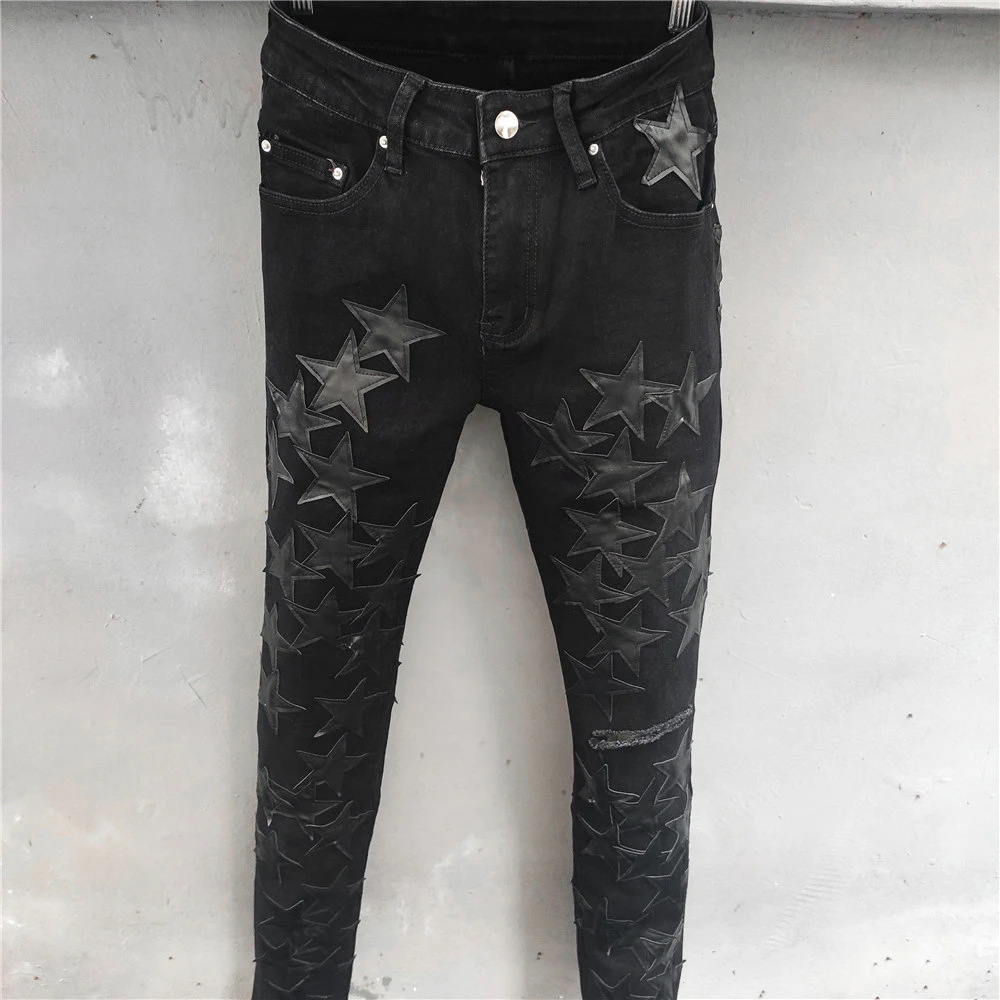 

European Jeans Male Hole Repair High Street Jean Homme Ripped Jean Men Motorcycle Pant Black Leather Star Patchwork Jeans