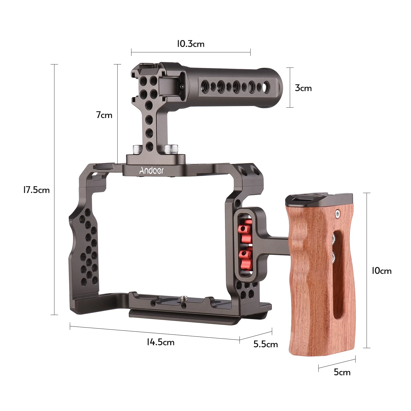 Andoer Camera Cage Kit Aluminum Alloy Video Rig with Top Handle Wooden Side Hand Grip Replacement for Sony A7R III/ A7 II/ A7III