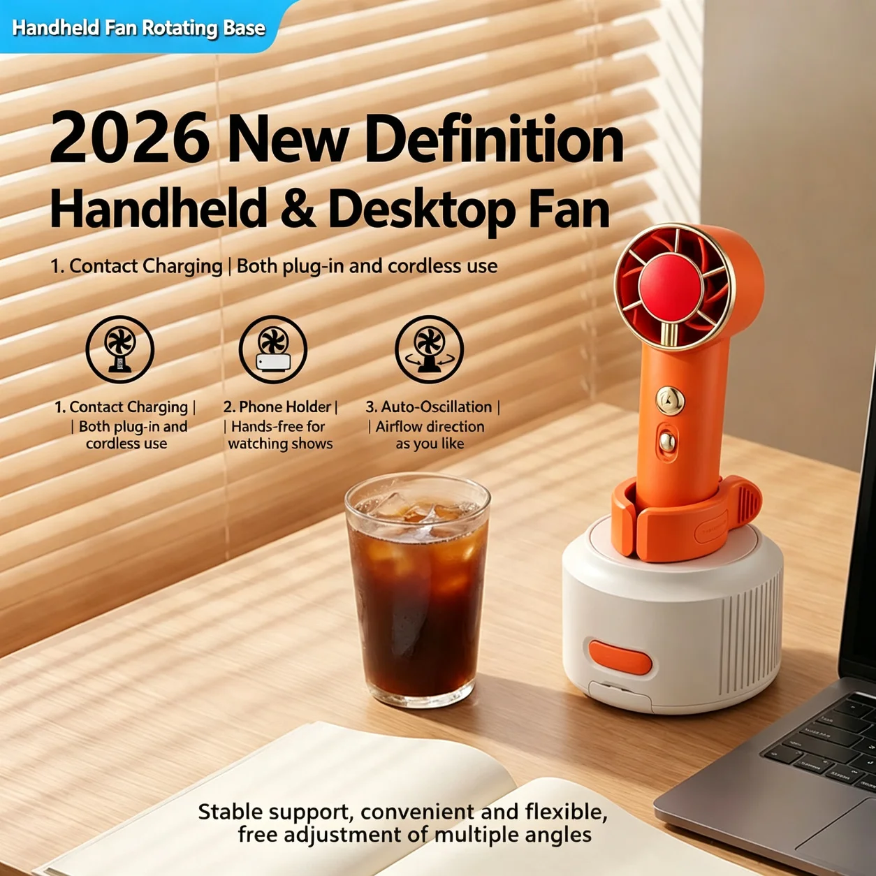 2026 New Universal Handheld Fan Rotating Base 2 Speed Adjustment Wide Clamp Independent Switch USB Mini Portable Desktop Stand