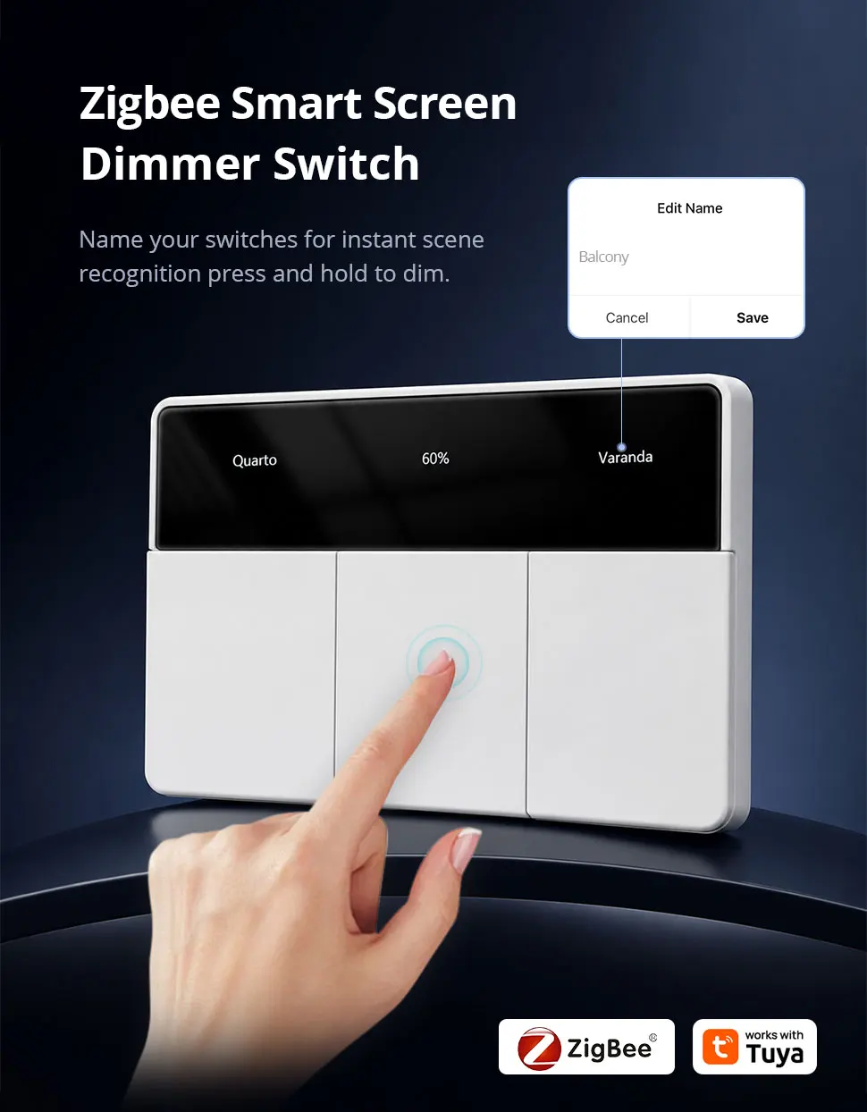 Zemismart Zigbee Smart Dimmer-Schalter mit benutzerdefinierbarem Namensbildschirm und horizontaler Drucktaste, kompatibel mit Tuya und Google Home über M6 Hub – Detail 2