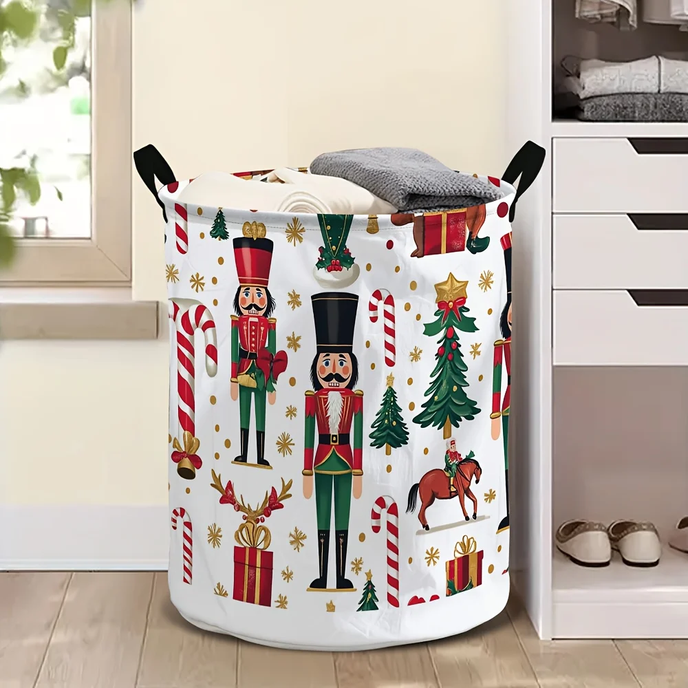 1pc Nutcracker Wonderland Laundry Basket with Red & Golden Christmas Nutcracker Soldiers, Candy Canes & Mini Trees