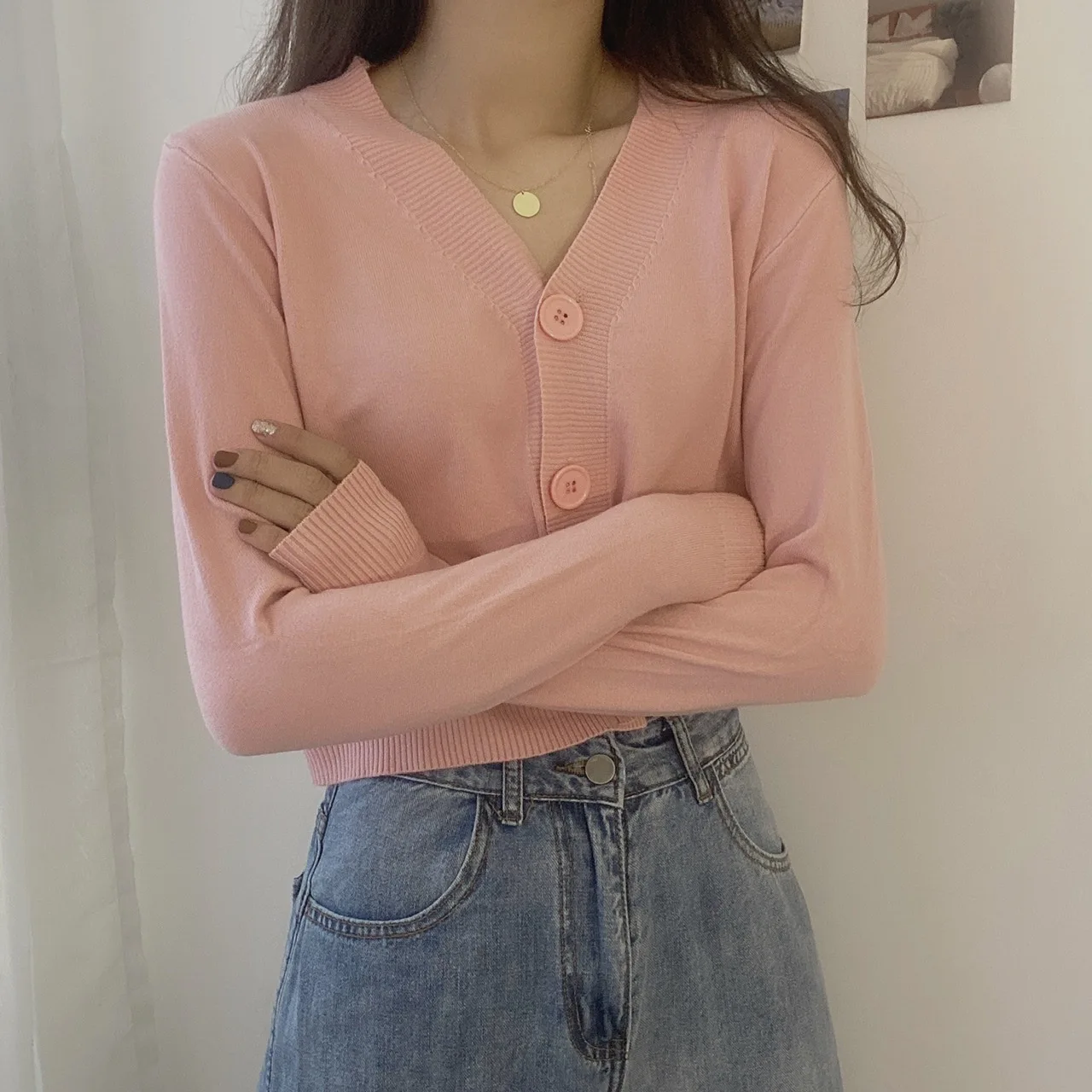 Button Pullover Long Sleeve Sweater Women V Neck Short Top Ladies Autumn Winter Clothes Slim Streetwear Solid Knitted Cardigan B