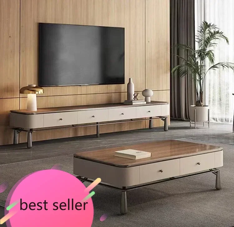 

BJ Light Luxury Italian-Style TV Cabinet And Tea Table Combination Living Room Solid Wood Multi-Layer Modern Storage Floor Cabin