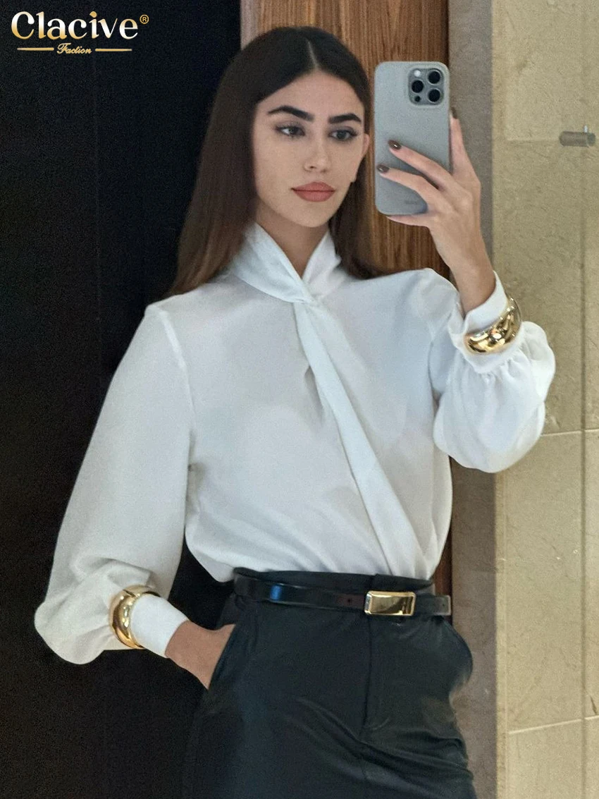 Clacive Fashion Loose White Satin Women's Shirt Casual Stand Collar Long Sleeve Shirts Elegant Classic Solid Top Female Clothing
